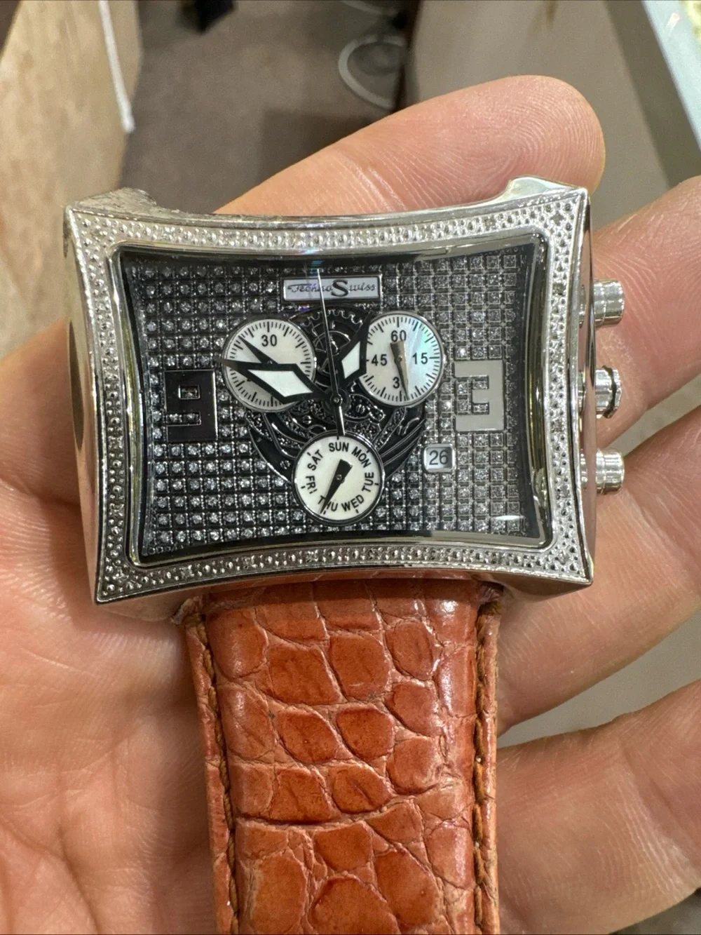 Techno Swiss Diamond Watch Men’s Square Stainless Steel Brown Band Parts Repair